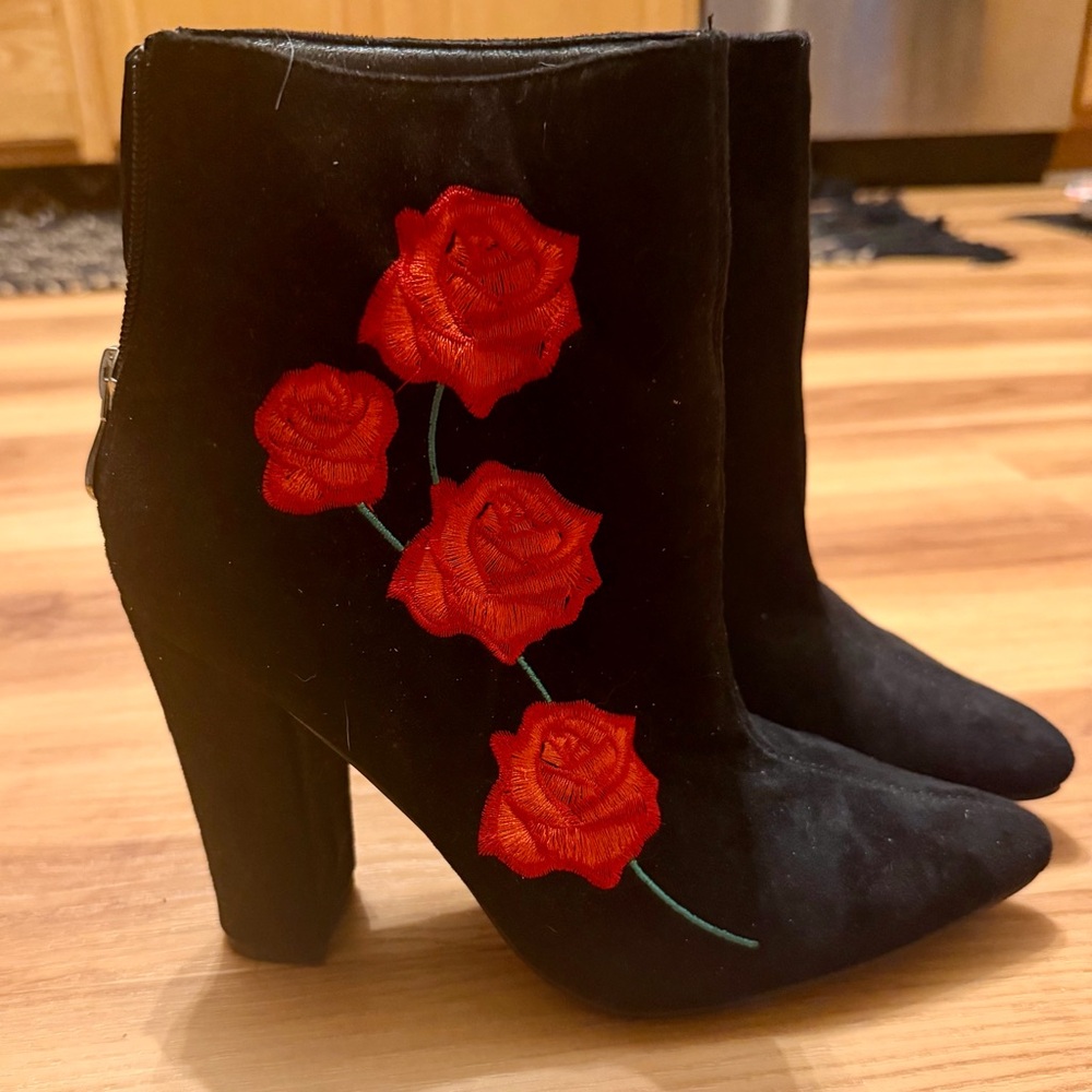 Cape Robbin Black Ankle Boots with Red Floral Design